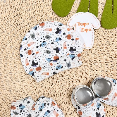 Kit Touca/Luva/Sapatinho - Cachorrinhos - Off White e Azul Jeans